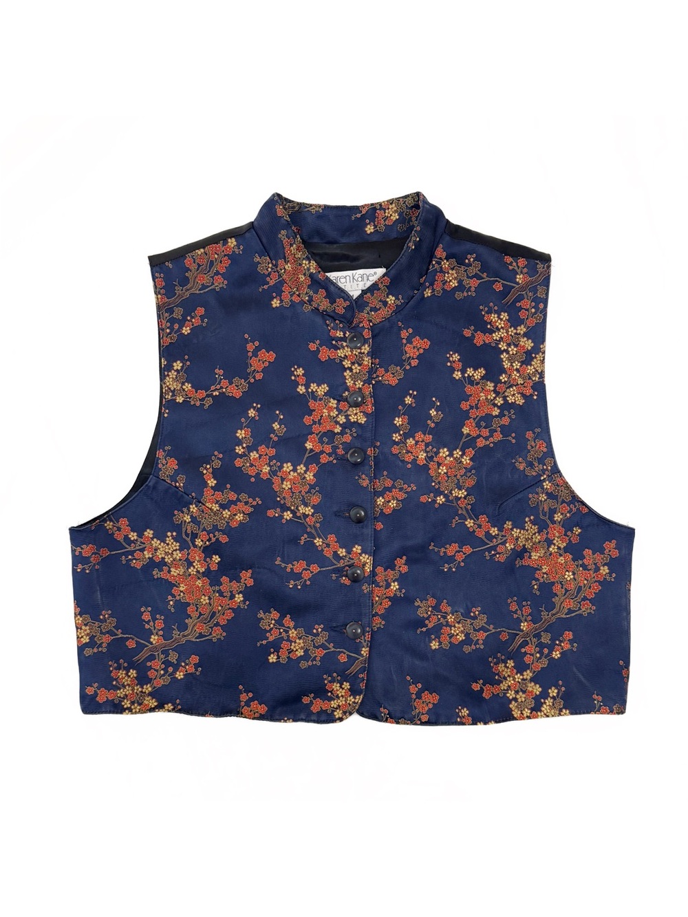 Vintage 90s Karen Kane Petites Blue Floral Silk Blend Mandarin Collar Vest Top